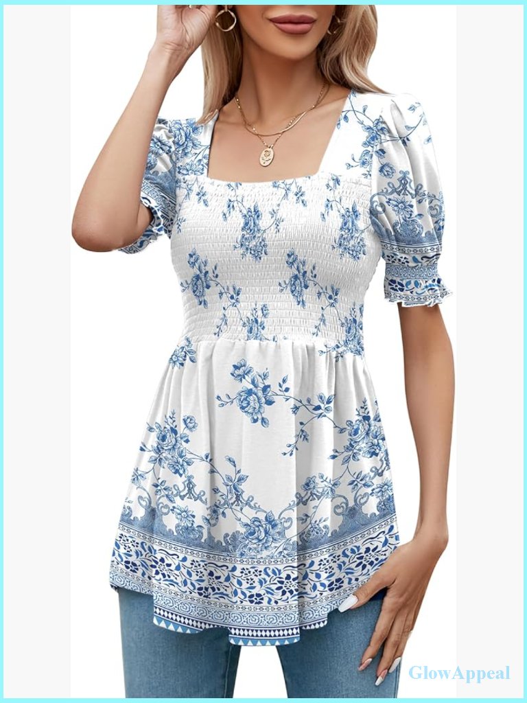 Smocked Puff Sleeve Square Neck Tunic Top Stretch Polyester Blend S-Xl